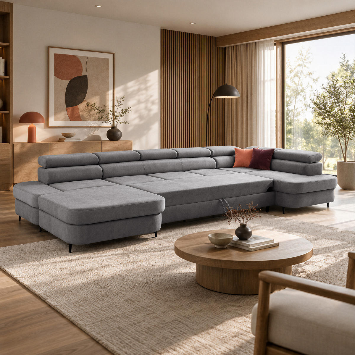 ECKSOFA U-Form PRIAM MAXI U Rechts mit Schlaffunktion 125x317 Velours Grau - Schwarz/Grau, Holz/Textil (400/91/203cm) - Muffo