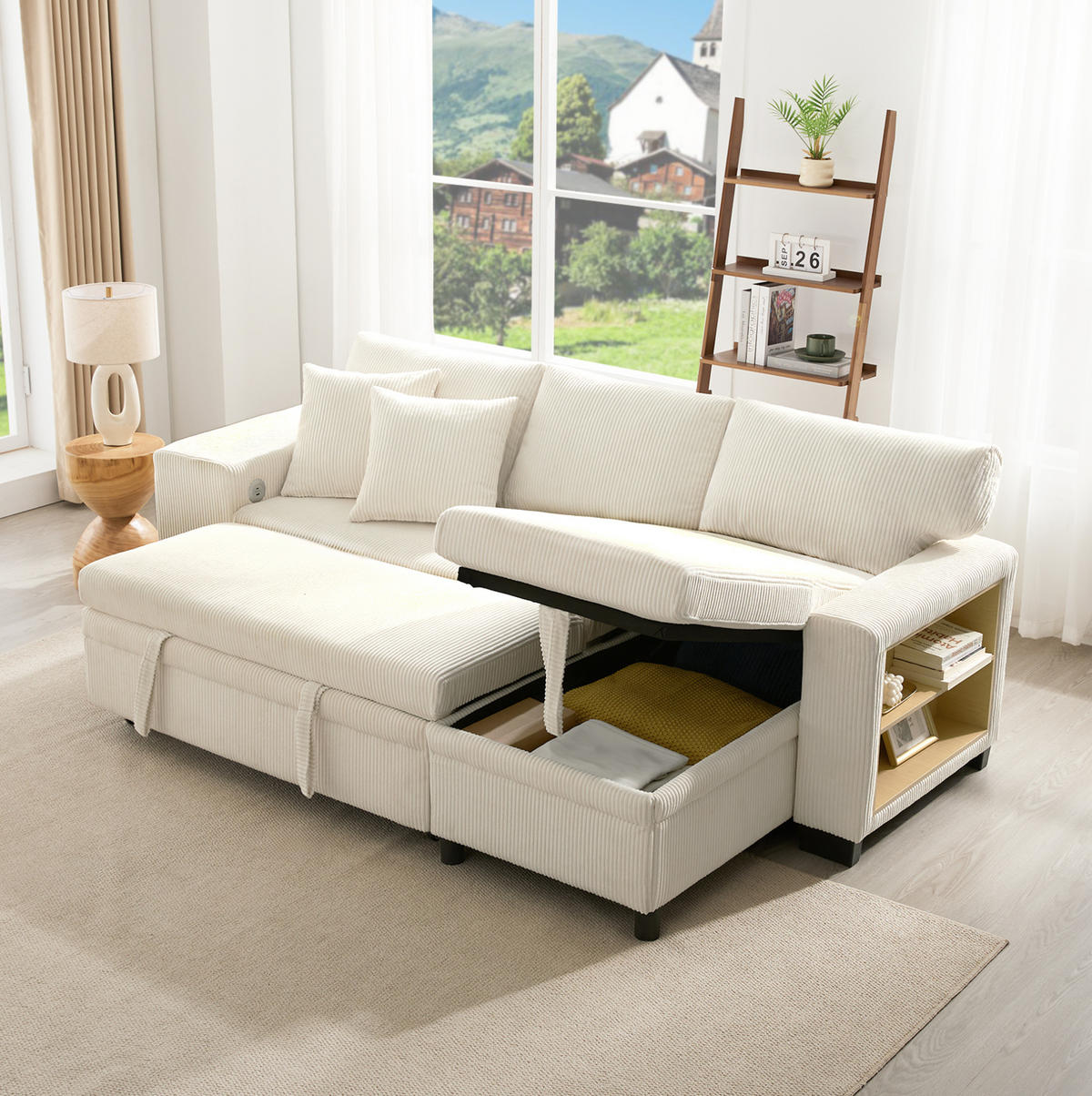 ECKSCHLAFSOFA Cord mit Stauraum und USB-Anschluss Beige 231/131,5/84 cm - Beige, Textil (84/131.5cm) - Redom