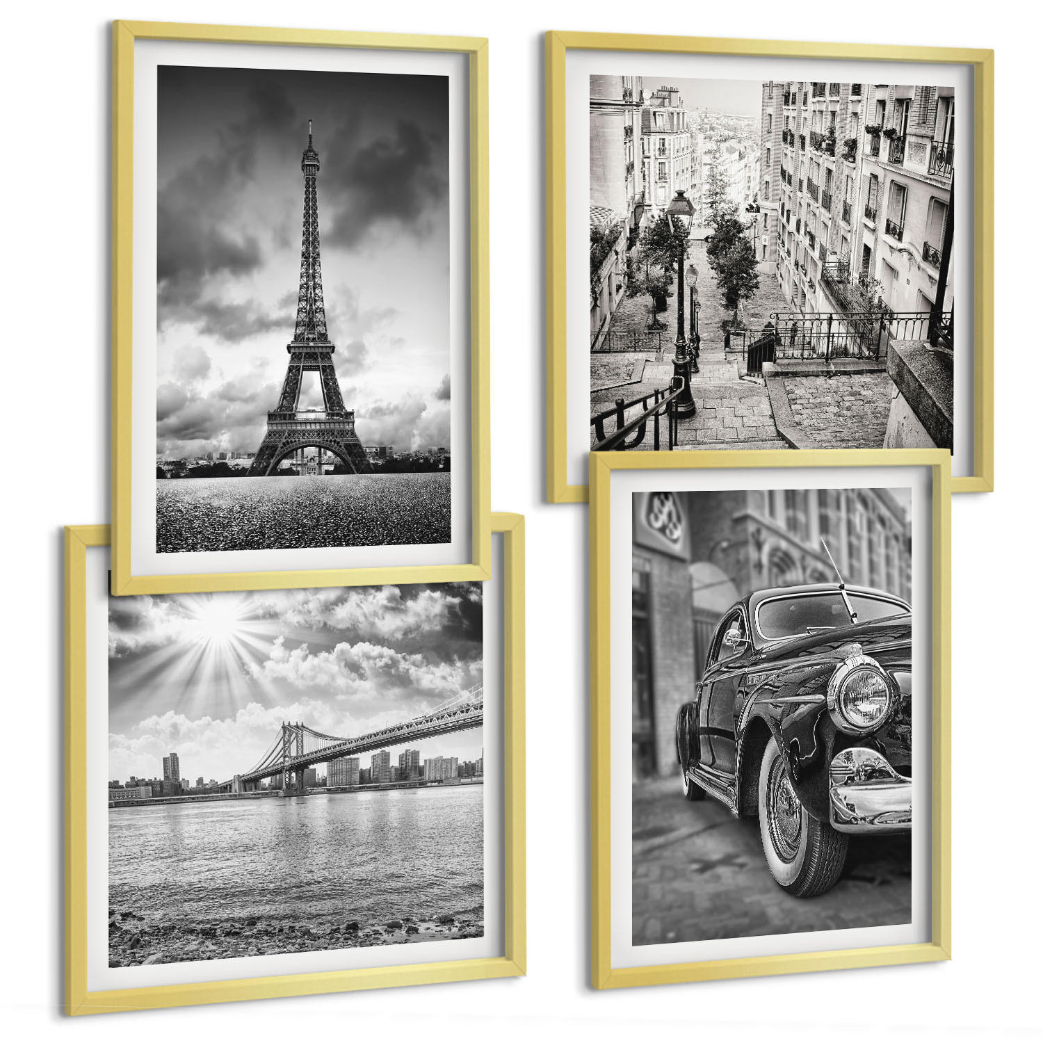BILDER SET 4er Set - 50x50 cm & 40x60 cm Goldrahmen - Stadtansichten, Brücken, Eiffelturm, Auto - Goldfarben, Kunststoff (50/50cm) - TULUP