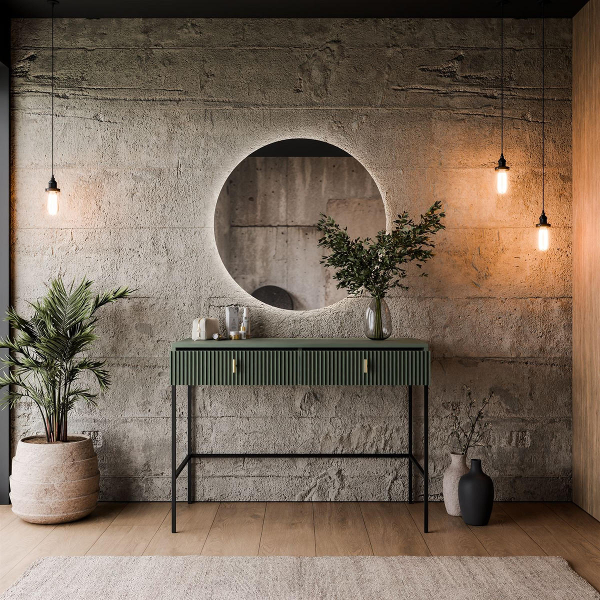 FRISIERTISCH MIDNIGHT auf Gestell mit Spiegel und LED-Beleuchtung grün - Schwarz/Grün, Holzwerkstoff (104/77/50cm) - Lookway