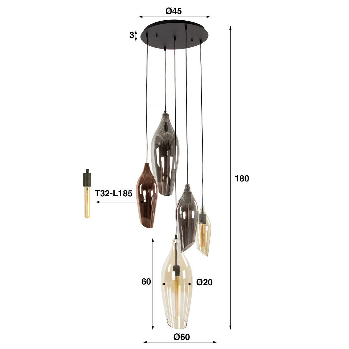 HÄNGELEUCHTE Cocoon Schwarz 60/60/ 180 cm - Schwarz, Glas (60/60/180cm) - Hoyz Collection