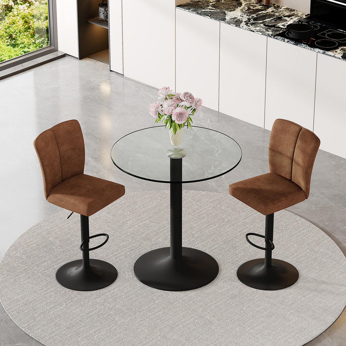 TISCHGRUPPE 3-tlg Glastisch 89 cm & 2 drehbaren Barhockern Braun - Braun, Glas/Metall (93.5/5.5/93.5cm) - Raelunyi