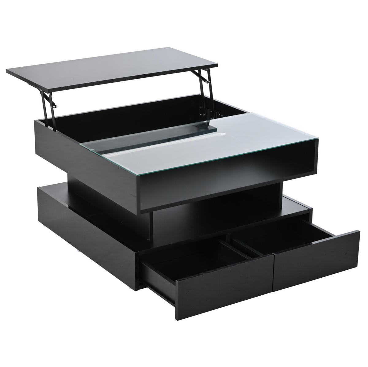 COUCHTISCH höhenverstellbar 80 x 80 cm Schwarz mit LED und 2 Schubladen - Schwarz, Holzwerkstoff (80/80/45cm) - Meubliv