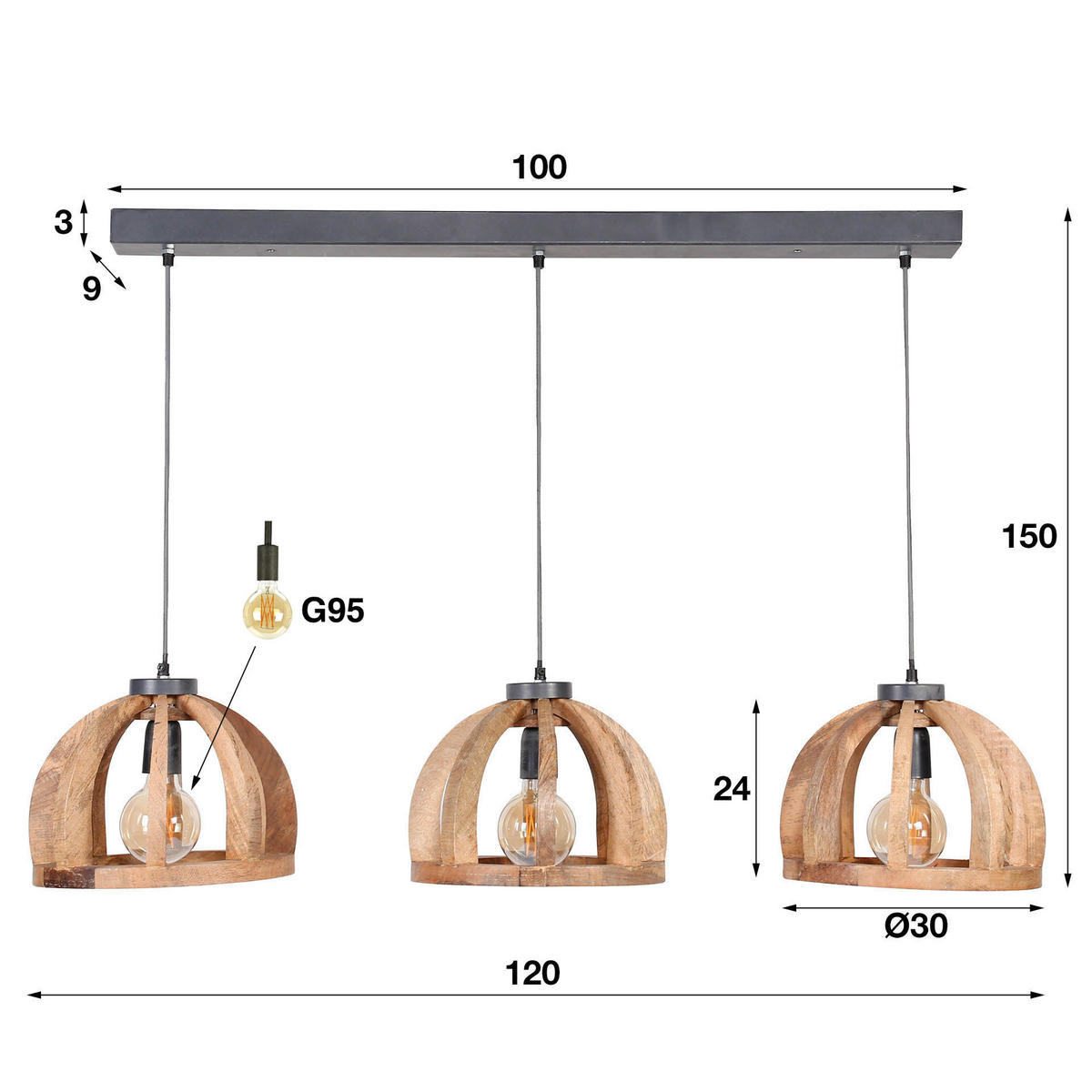 HÄNGELEUCHTE Mango Braun 120/30/150 cm - Braun, Holz (120/30/150cm) - Hoyz Collection
