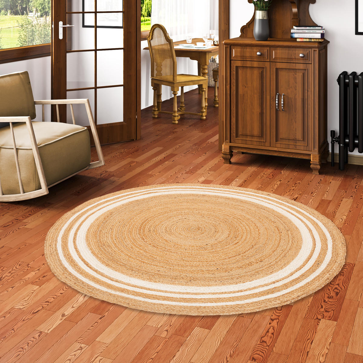 NATURFASER TEPPICH JUTE SALSA STREIFEN RUND - Creme, Textil (120/120cm) - Pergamon