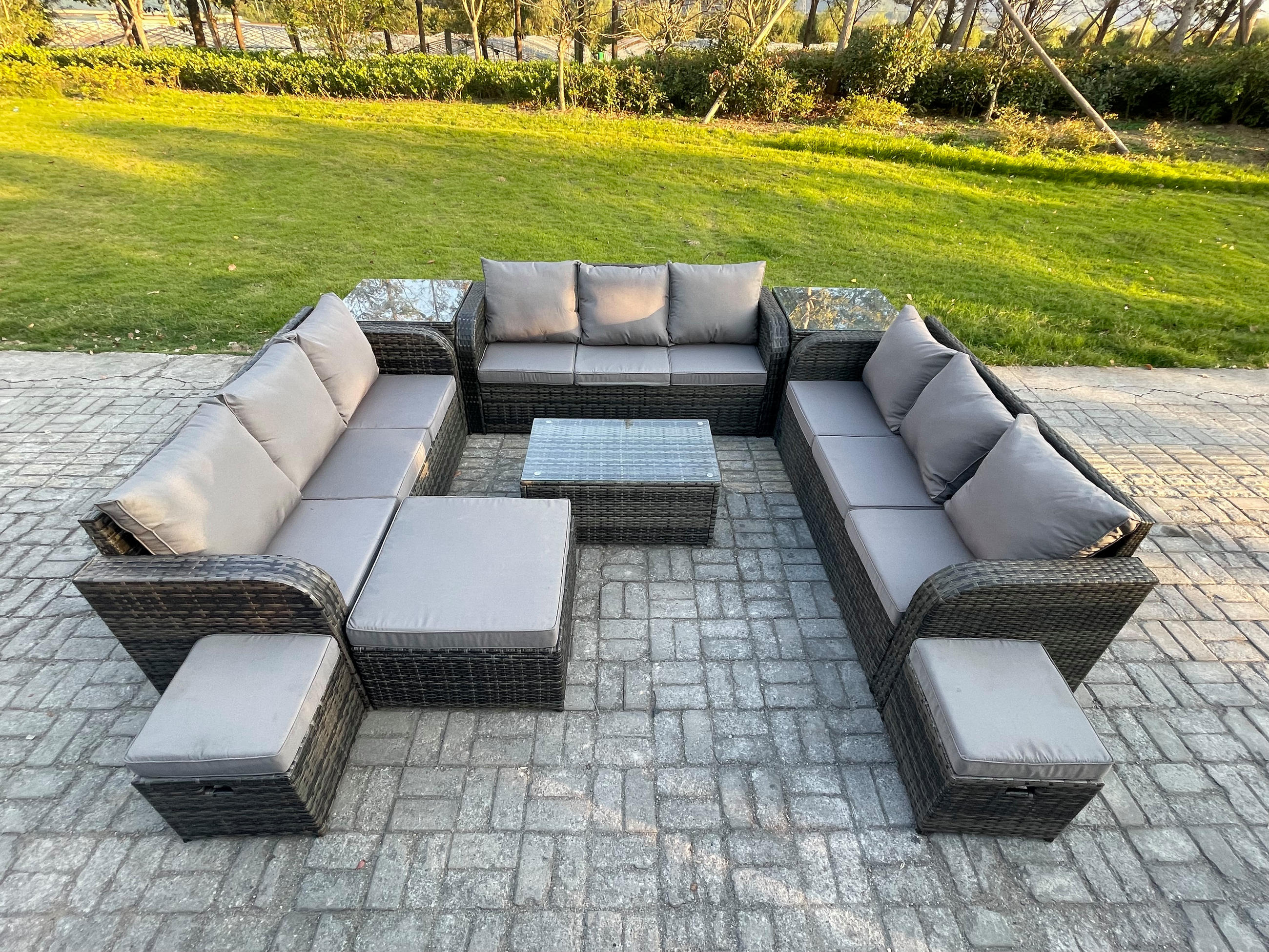 GARTENMÖBELGARNITUR mit KISSEN Polyrattan Dunkelgrau 12-Sitzer - Dunkelgrau/Grau, Glas/Kunststoff - Fimous