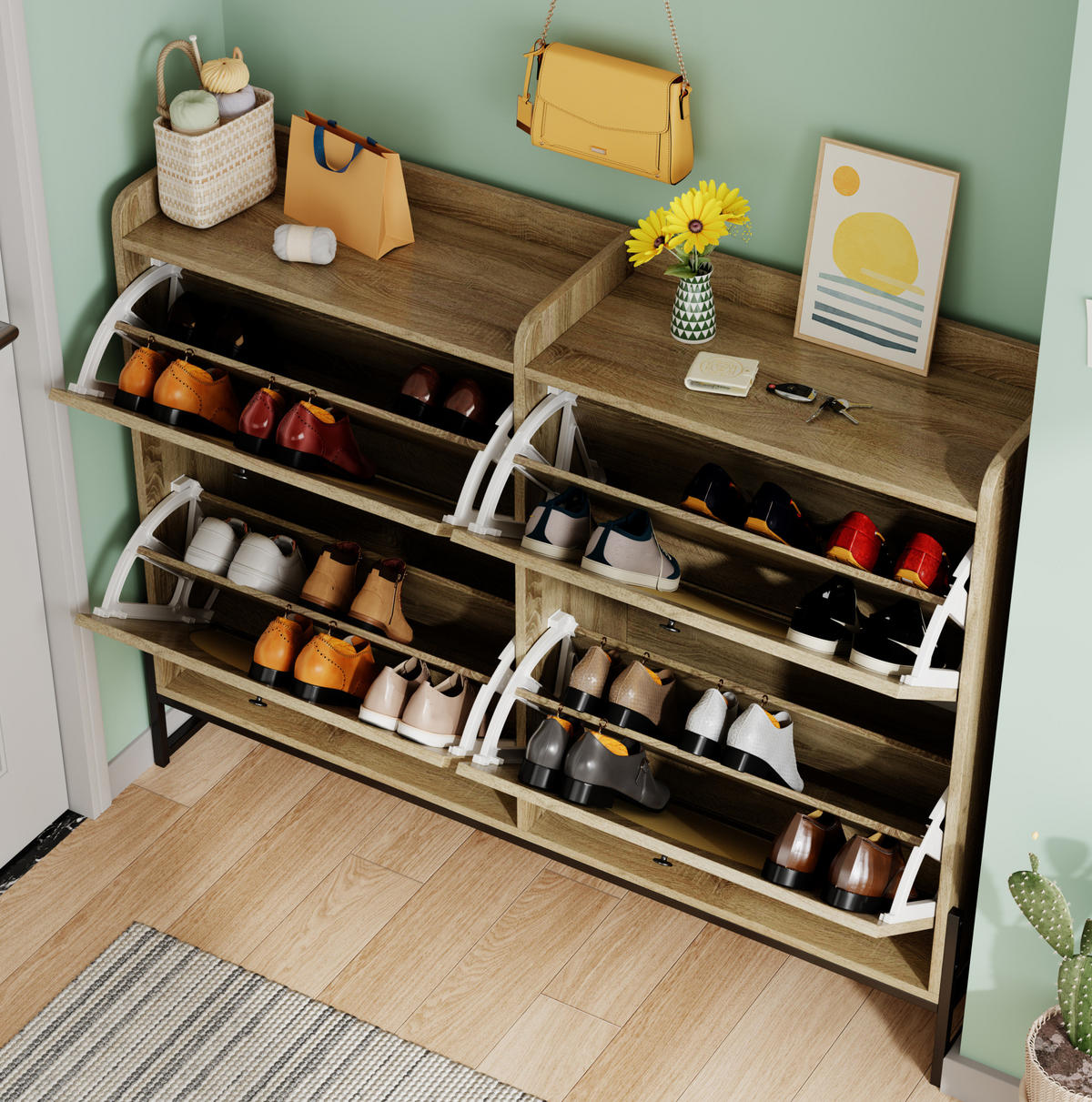SCHUHSCHRANK 121/25/91,5 cm in Natur mit 4 Klappen und PE-Rattan - Naturfarben, Holzwerkstoff (118/91.5/25cm) - Flora Grace
