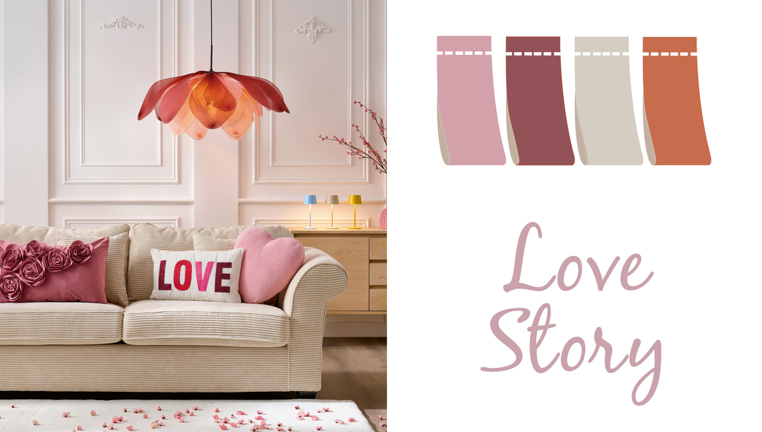 Weiße Couch mit rosa und weißer Deko. Lovestory. Farbkarte in rosa, lila, weiß, und orange