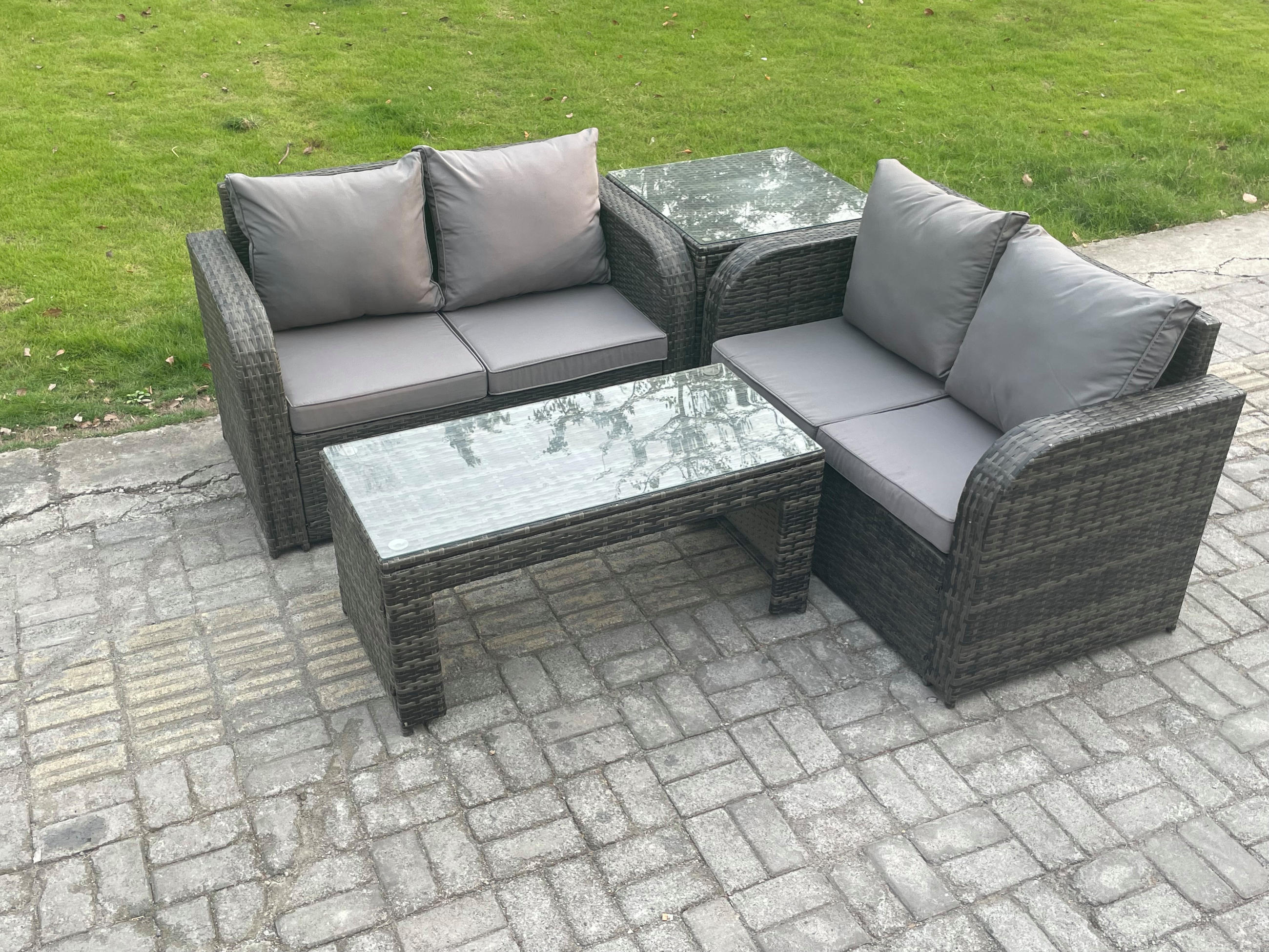 GARTENSOFA SET mit BEISTELLTISCH COUCHTISCH Polyrattan 4-Sitzer - Dunkelgrau/Grau, Glas/Kunststoff - Fimous