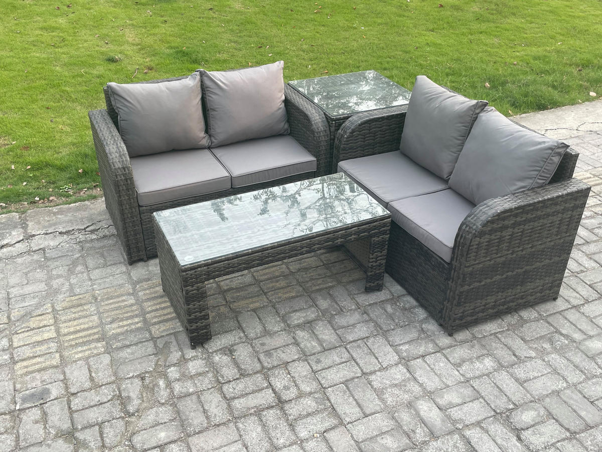 GARTENSOFA SET mit BEISTELLTISCH COUCHTISCH Polyrattan 4-Sitzer - Dunkelgrau/Grau, Glas/Kunststoff - Fimous