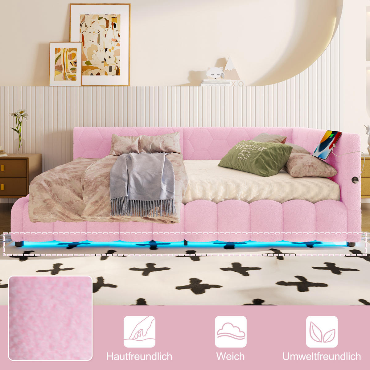SCHLAFSOFA 140/200 cm in Pink mit Bettkasten, LED, USB und Type-C - Rosa, Holzwerkstoff/Textil (140/200cm) - WISHDOR