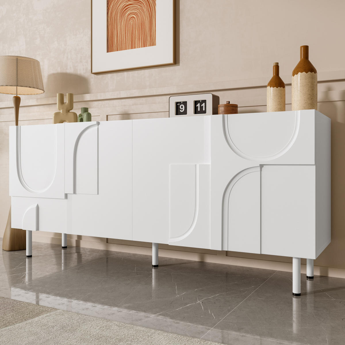 SIDEBOARD Weiß geometrisch modern Stauraum minimalist - Weiß, Holzwerkstoff (38.5/70/160cm) - FLIEKS