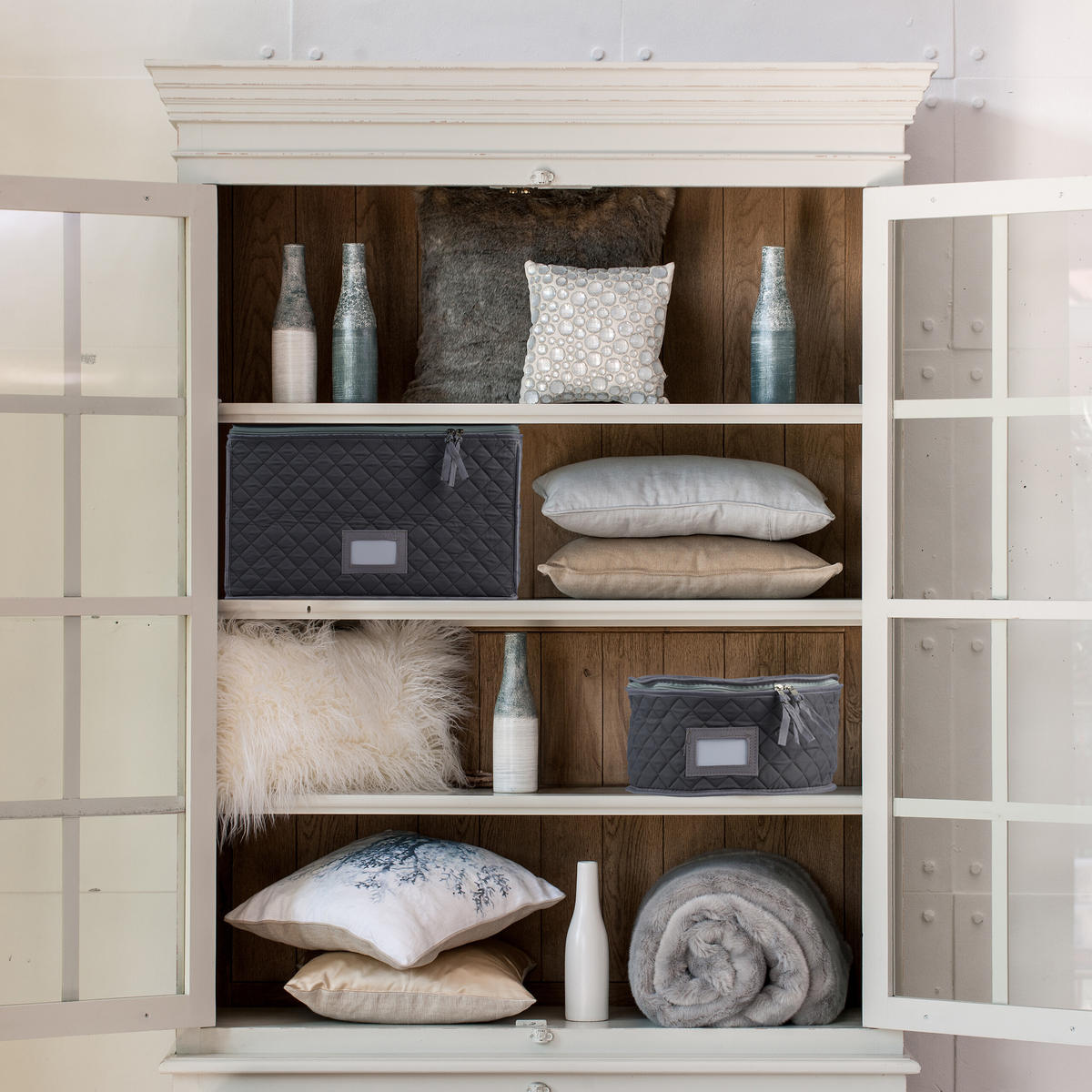 6-TLG.GESCHIRRAUFBEWAHRUNGSBOX-SET - Grau, Textil (41/25/33cm) - Relaxdays