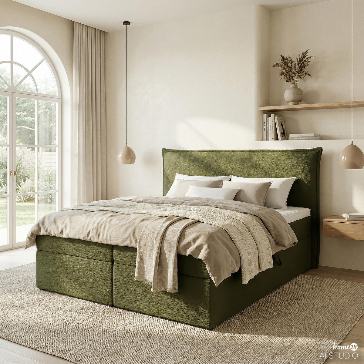 BOXBETT mit Stauraum - Bouclé - Olivgrün, Holzwerkstoff/Textil (180/200cm) - home24