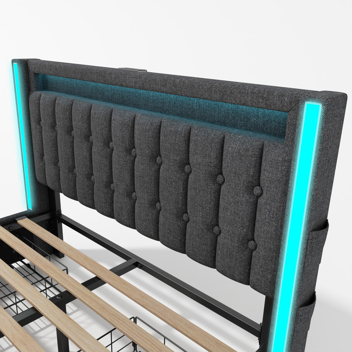 TAPECIRANI krevet od lanene tkanine 160x200 cm sivi s LED rasvjetom, USB-C priključkom, 4 ladice i madracem - siva, tekstil (160/200cm) - Modfu