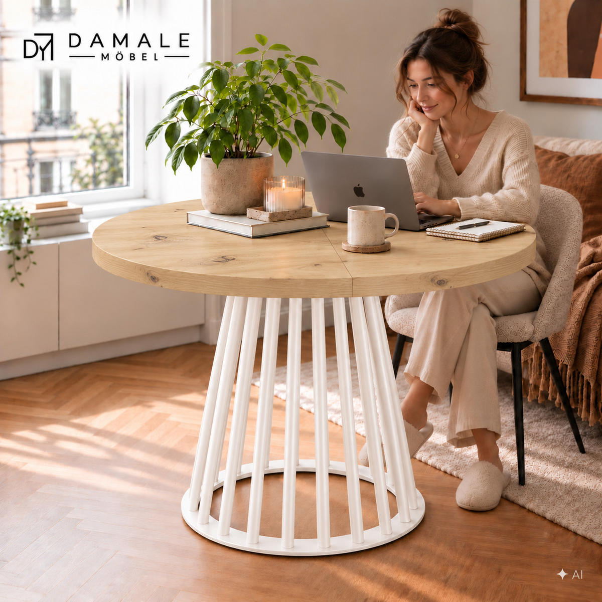 ESSTISCH rund ausziehbar 90/190/76 cm, Hellbraun Artisan Eiche, 54 cm Tischplatte + Lamellen-Metallgestell Weiß - Weiß/Eiche Artisan, Holzwerkstoff/Metall (90/190/76cm) - Damale Möbel