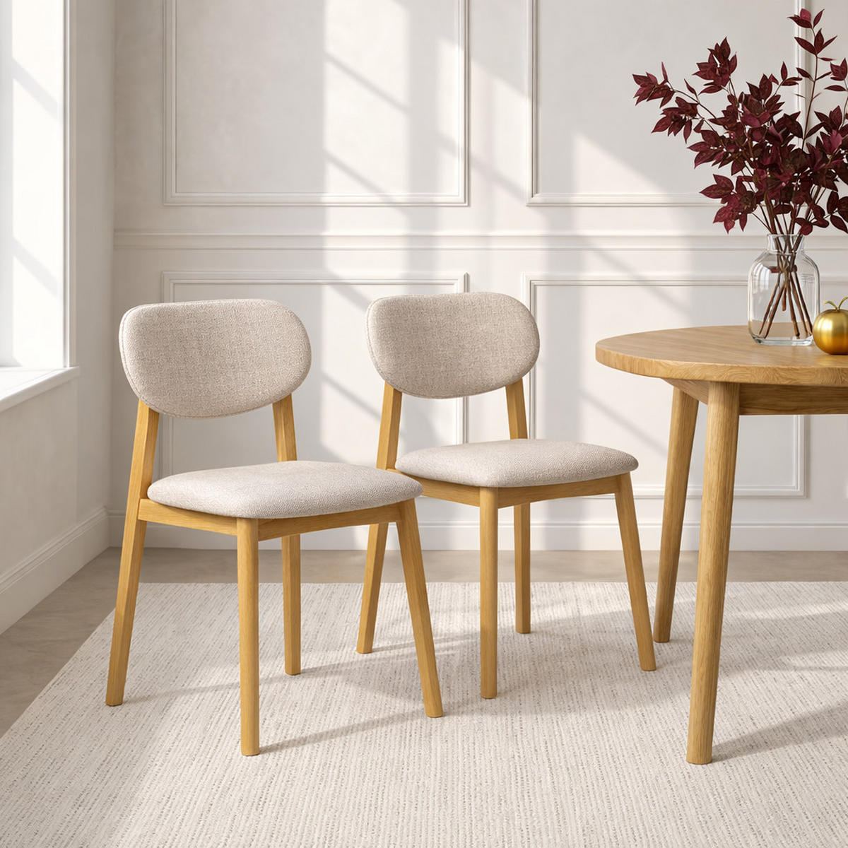 ESSZIMMERSTUHL Theo 2er Set, Natur Eiche + beiger Stoff - Creme, Holz (48.5/79/53.2cm) - WOODEK