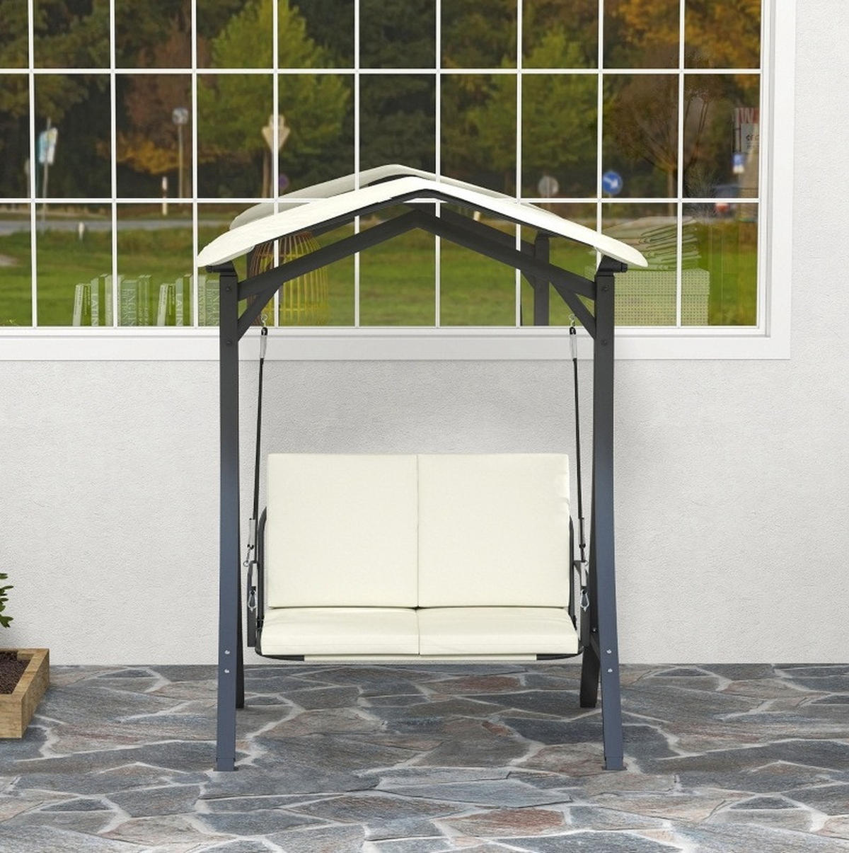 HOLLYWOODSCHAUKEL 150/120/182 cm mit verstellbarem Sonnendach, gepolsterter 2-Sitzer und UV-Schutz, Cremeweiß - Beige, Textil (120/182/150cm) - Redom