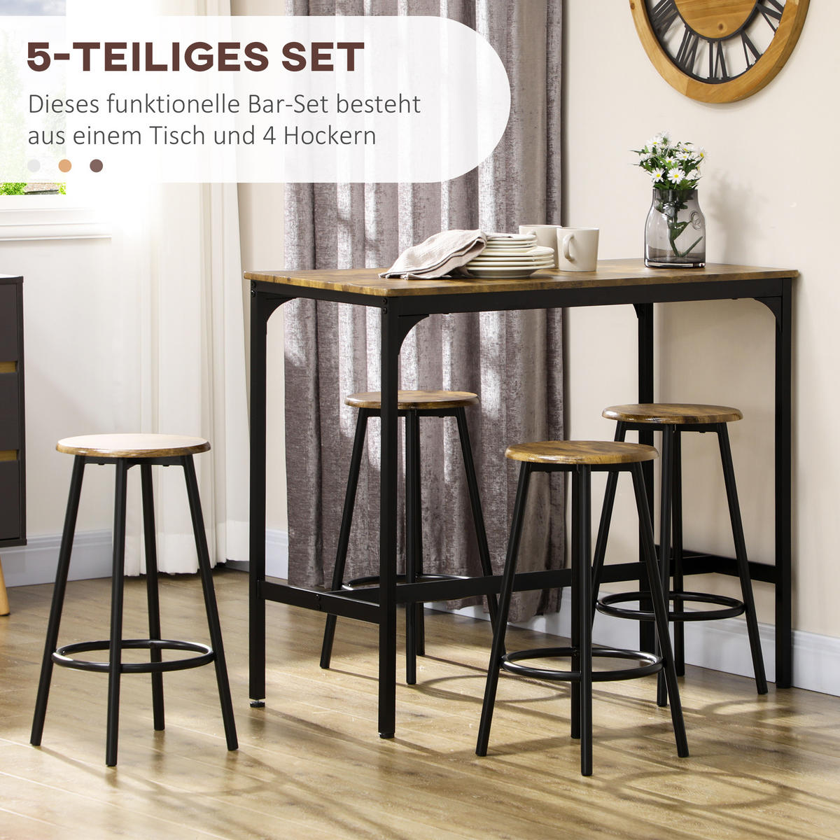BARTISCH mit Barhocker Set, 5-tlg. Bartisch-Set, Küchentisch mit 4 Barhocker - Braun, Kunststoff (50/89.5/110cm) - HOMCOM