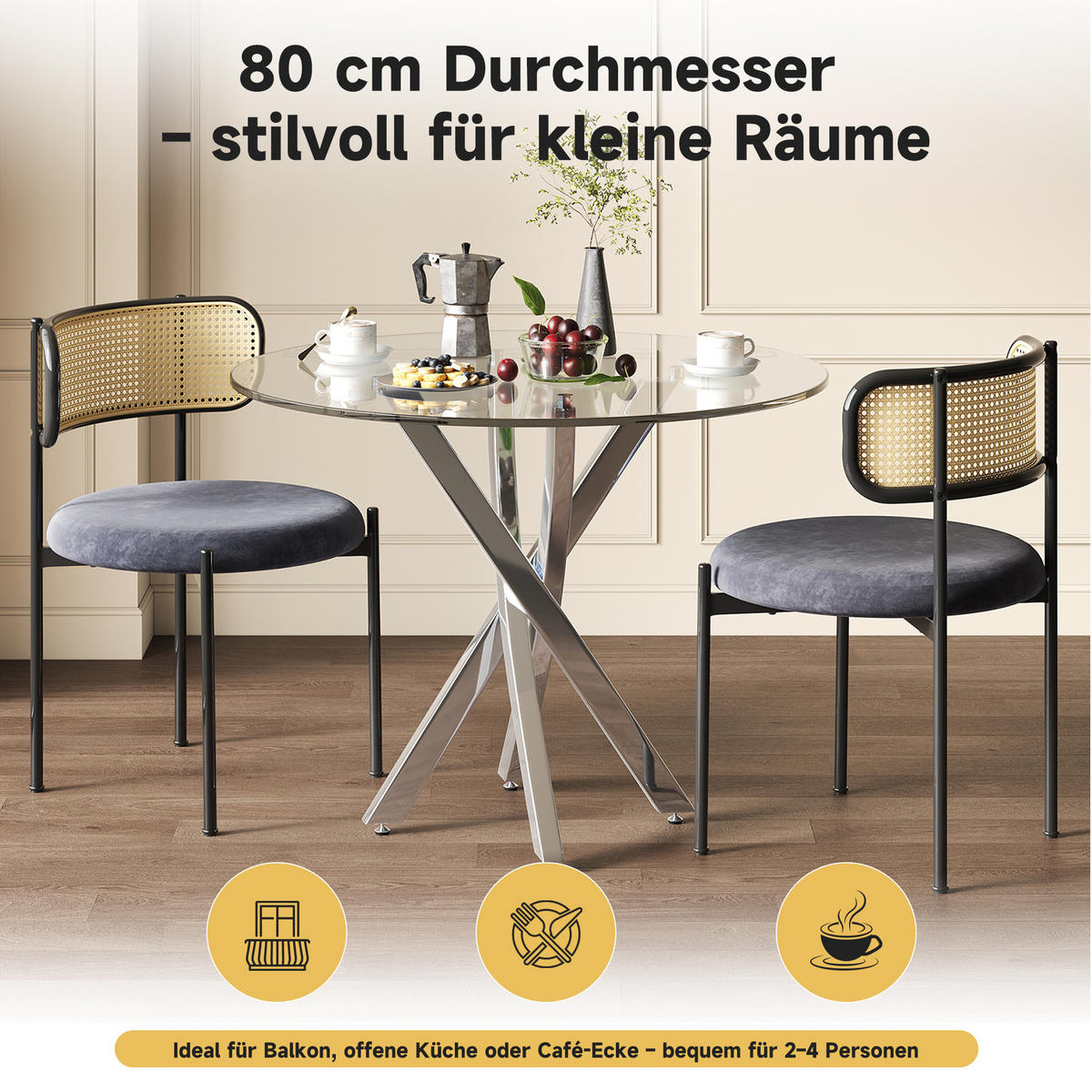 ESSZIMMERTISCH SET GLASPLATTE & METALLBEINE, RATTAN-RÜCKENLEHNE, GRAU/SILBER - Grau, Glas/Textil (80/75/80cm) - Urban Meuble