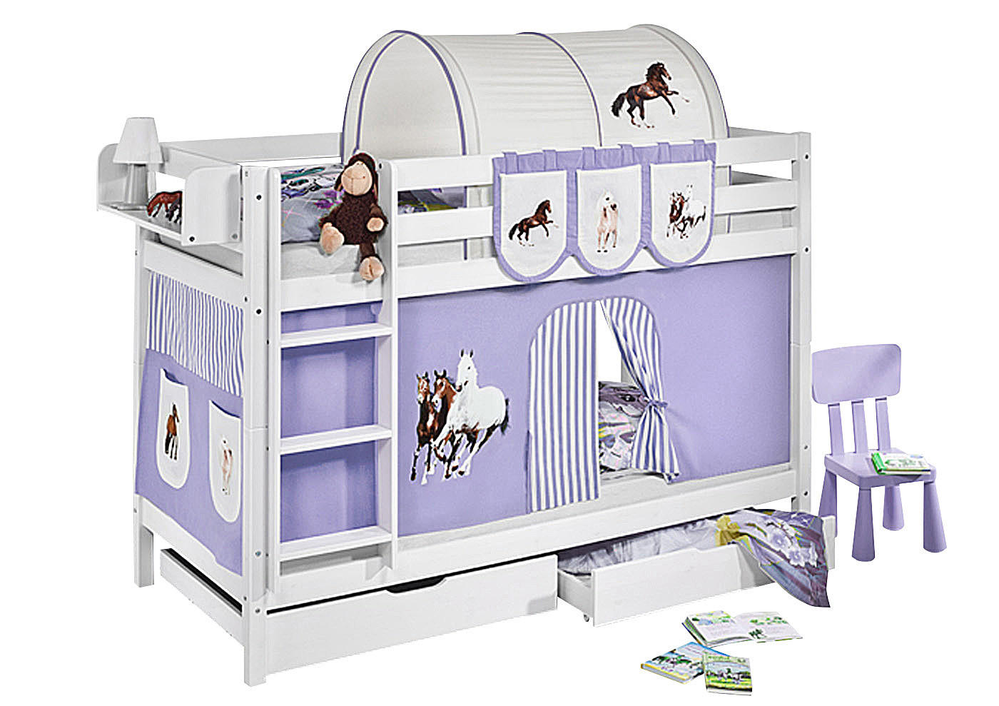 ETAGENBETT JELLE 90x190 cm Pferd lila beige - Hochbett - inkl. Vorhang und 2 Lattenrosten - Weiß, Holz - Lilokids