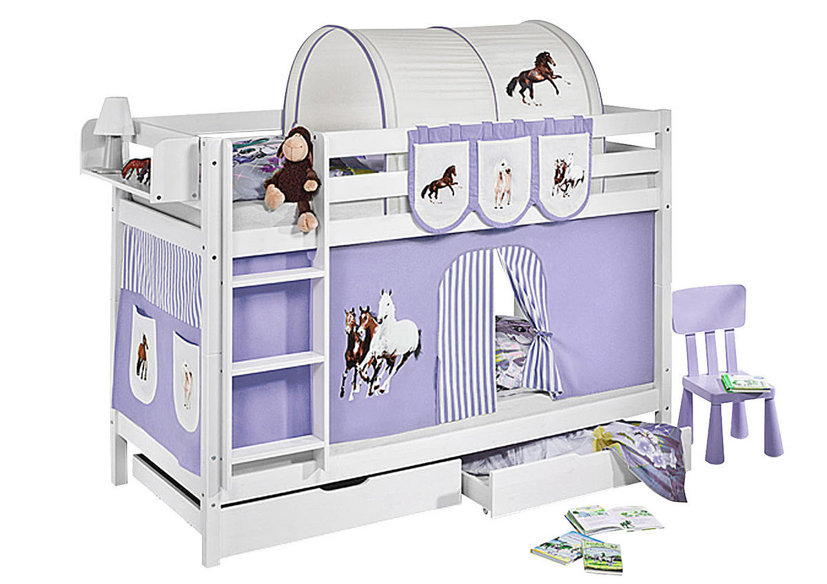 ETAGENBETT JELLE 90x200 cm Pferd lila beige - Hochbett - inkl. Vorhang und 2 Lattenrosten - Weiß, Holz - Lilokids