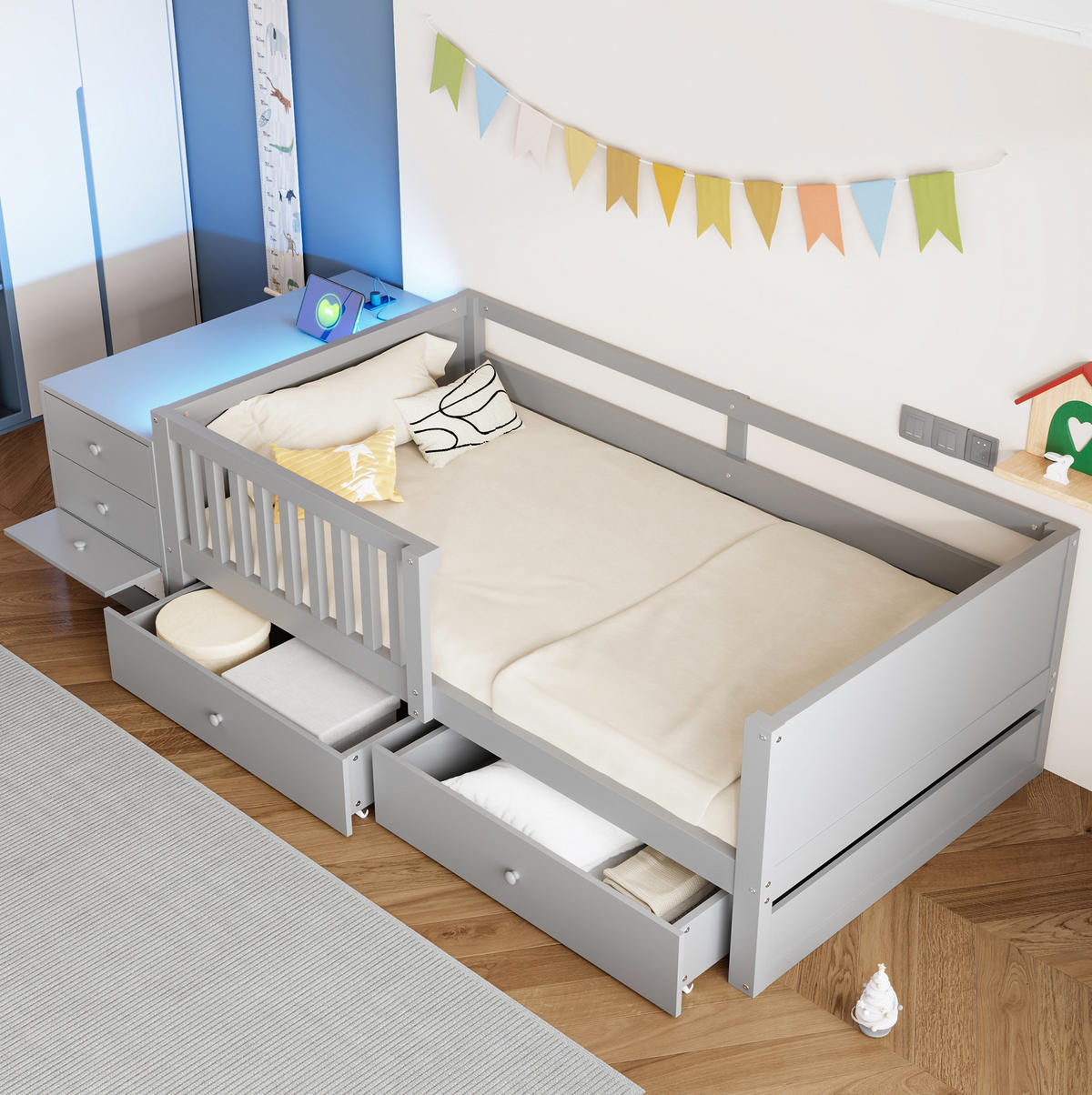 HOCHBETT 90x200 cm in Grau mit Schubladen, LED-Beleuchtung und Steckdose - Grau, Holz (90/200cm) - IVMEU
