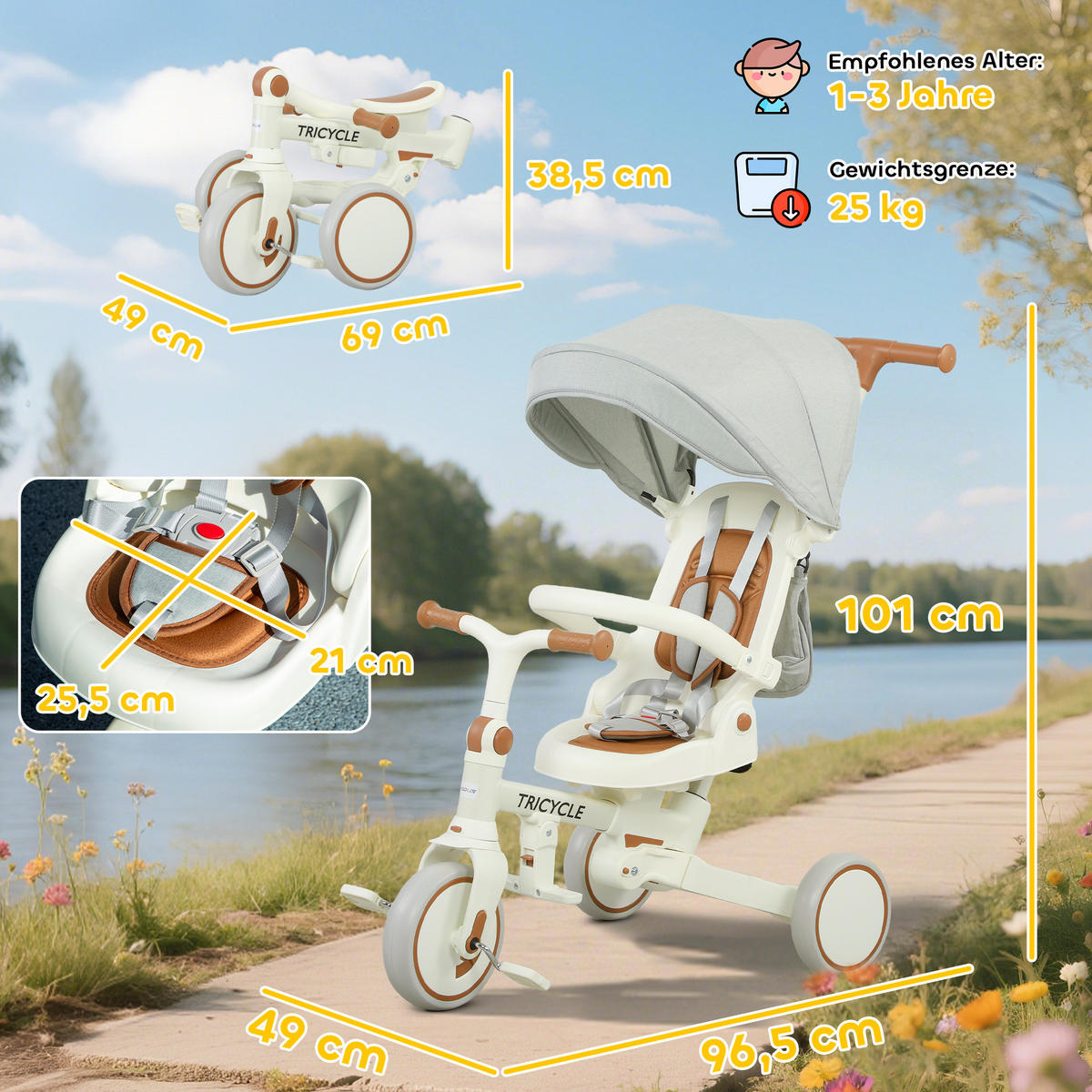DREIRAD 5-in-1 mit Schubstange für 1-3 Jahre Faltbar mit reversiblem Sitz Creme - Creme, Metall (96.5/49/101cm) - AIYAPLAY