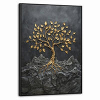 LEINWAND Bilder mit Rahmen - Blätter - Gold - Baum - Fels - 70x100 - Schwarz, Textil (70/100cm) - MuchoWow