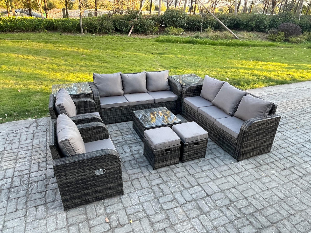 GARTENTISCHGRUPPE Polyrattan Dunkelgrau 9-teilige - Dunkelgrau/Grau, Glas/Kunststoff - Fimous