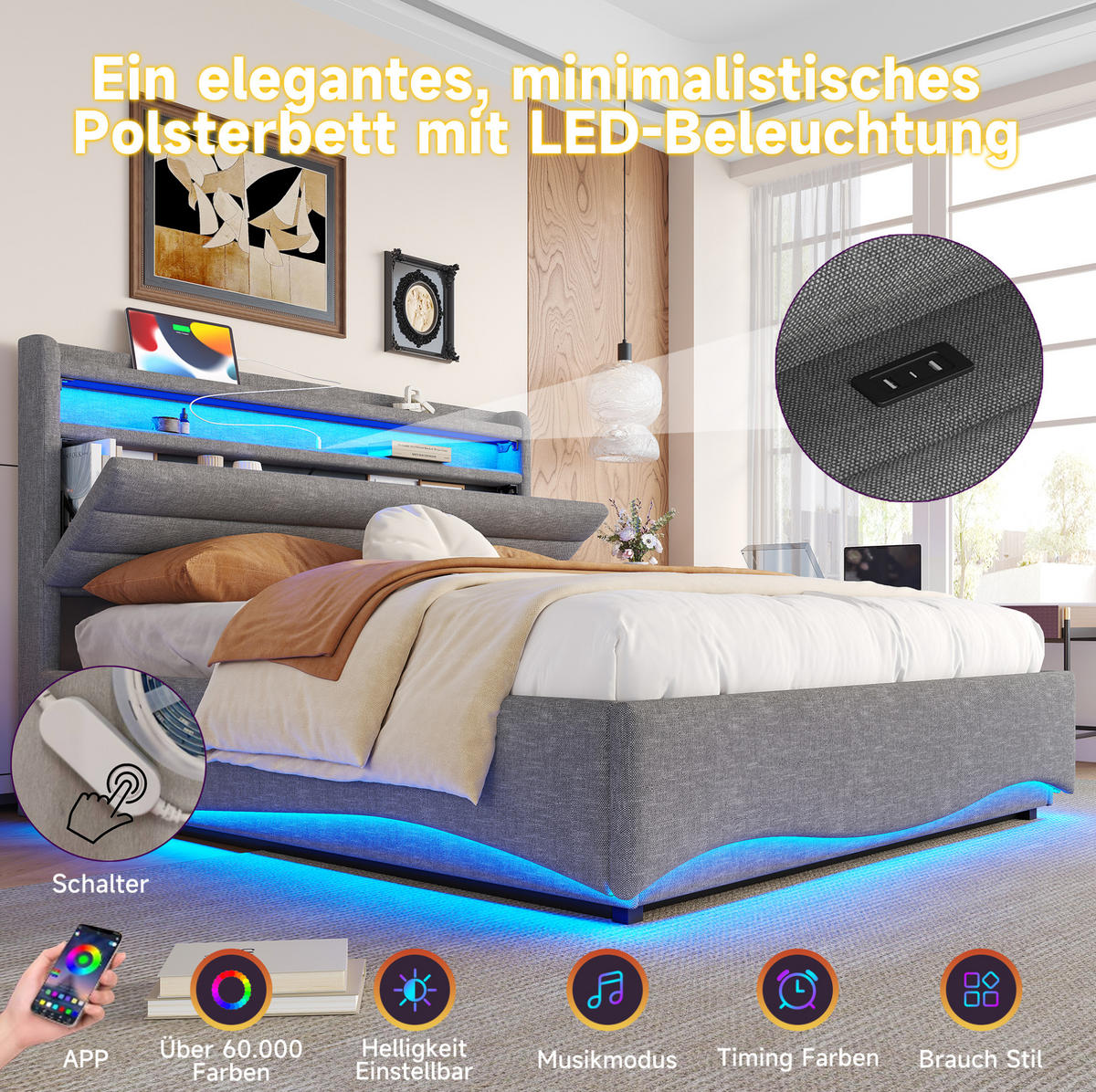 POLSTERBETT mit LED-Beleuchtung 140/200 cm mit Bettkasten & USB-C - Beige, Textil (140/200cm) - BEAOK
