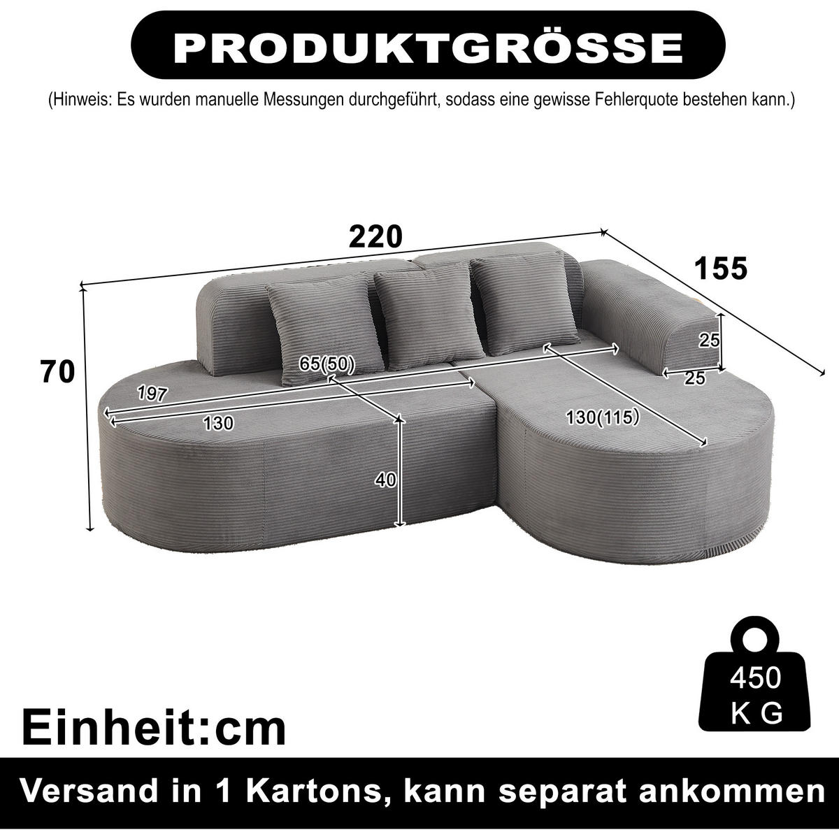 ECKSOFA 220/155/70 cm Grau Cord mit 3 Kissen, Rechte Seite - Grau, Textil (220/155cm) - Oxeza