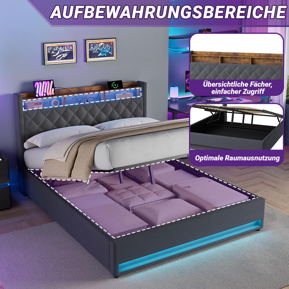 POLSTERBETT 180/200 cm in Grau Samt mit Bettkasten, LED-Beleuchtung und USB-Anschluss - Grau, Holzwerkstoff/Textil (180/200cm) - CHICFURN