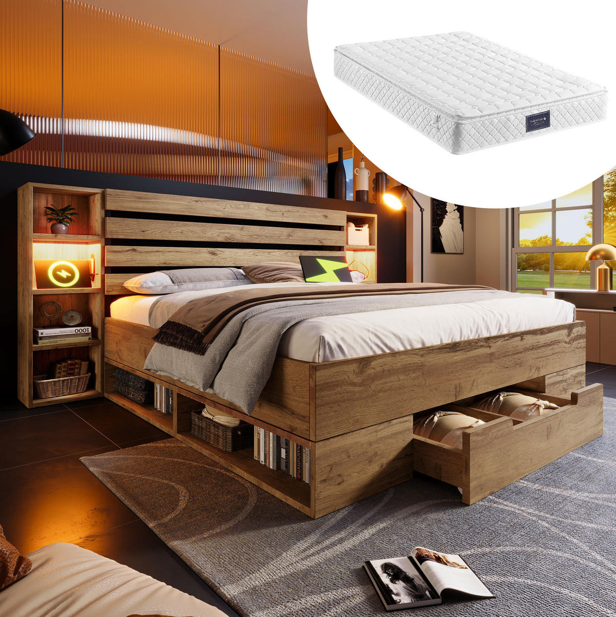 POLSTERBETT aus Holz & Metall 160x200 cm in Eiche mit LED & Matratze - Eichefarben, Holz (160/200cm) - Modfu