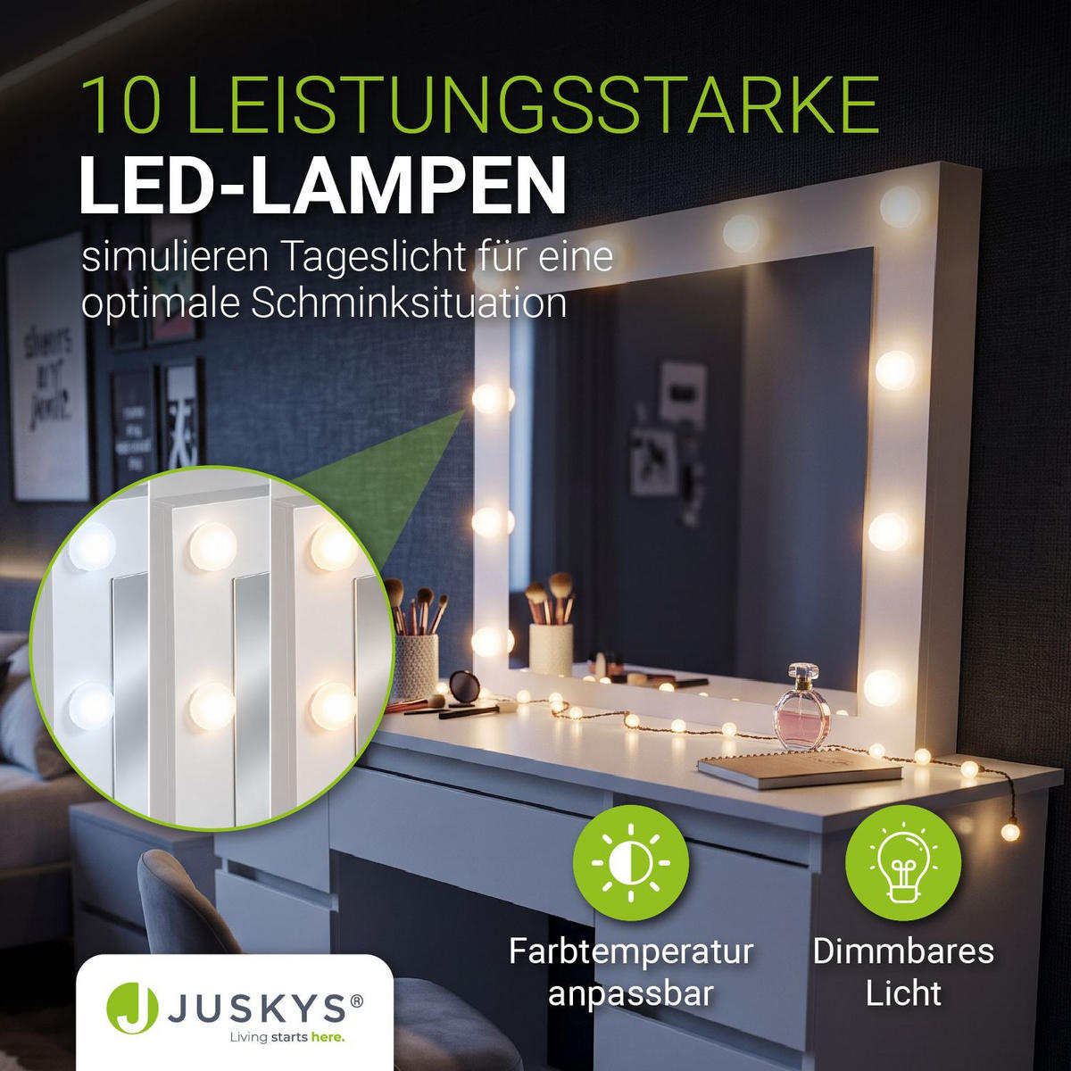 SCHMINKTISCH Talea mit LED (3 Lichtstufen) - Weiß, Holz (110/141/40cm) - Juskys