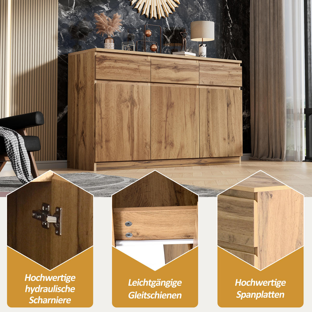 SIDEBOARD Holzoptik 3 Türen 3 Schubladen 135x40x81cm - Naturfarben, Holzwerkstoff (40/81/135cm) - FLIEKS