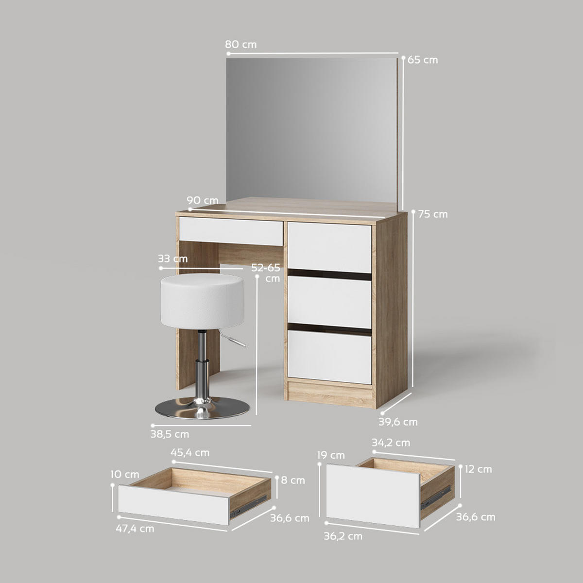 SCHMINKTISCH Imola Weiß/Sonoma 120 cm mit Hocker - Weiß/Sonoma Eiche, Holzwerkstoff (120/75/55cm) - Livinity®