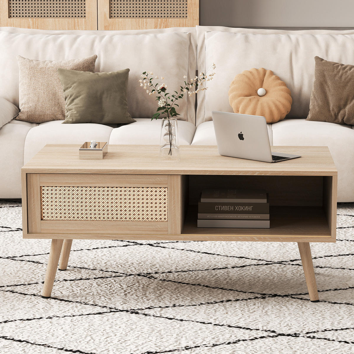 KONFERENČNÍ STŮL v přírodní barvě, ratanový stolek s posuvnými dvířky, do obývacího pokoje, 105 × 55 × 40 cm - přírodní, kompozitní dřevo (55/105/40cm) - STILVORA