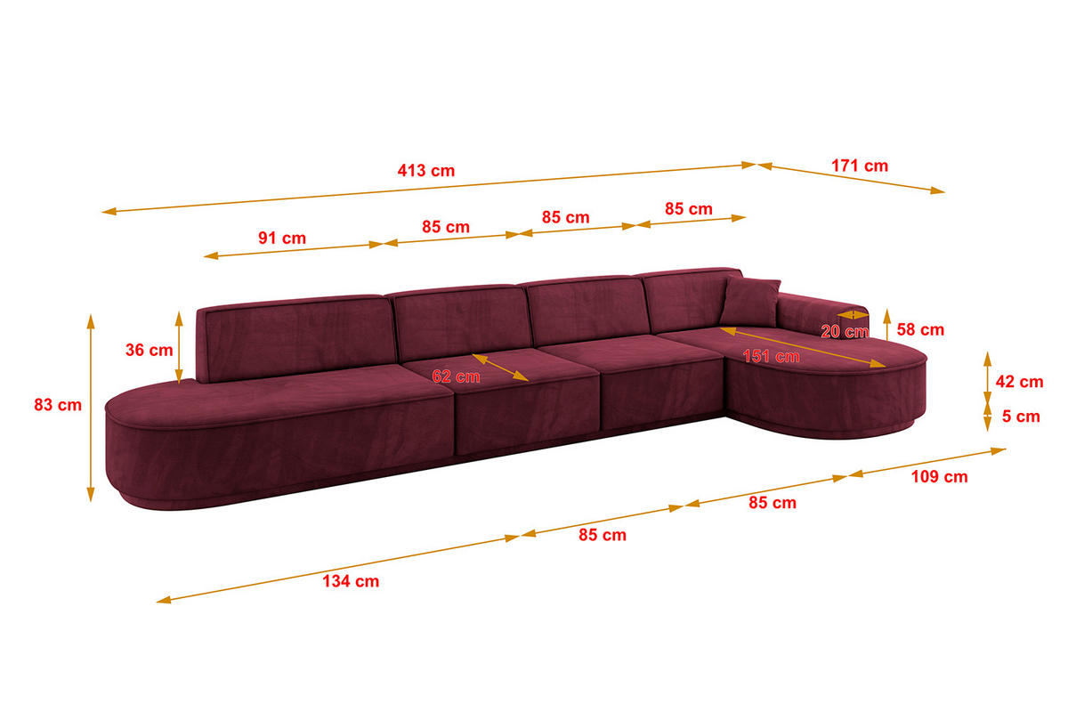 ECKSOFA Ottomane Rechts MARI-L3-v3 - 413x171x83 cm Bordeaux Velours - Bordeaux/Schwarz, Holzwerkstoff/Kunststoff (171/413cm) - ALTDECOR
