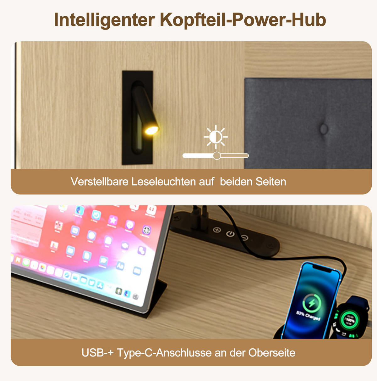 KREVET 160/200 cm sa spremištem, USB i Type-C priključkom, rasvjetom za čitanje i 2 noćna ormarića, Svijetli hrast - boje hrasta, drvni materijal (180/200cm) - Redom