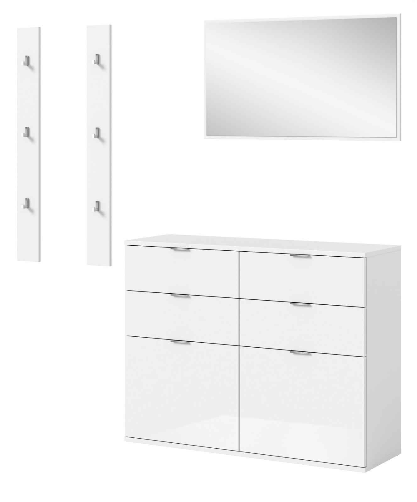 GARDEROBE Set 4-teilig weiß Hochglanz 166 cm, Komplettset mit 6 Kleiderhaken - Chromfarben/Weiß Hochglanz, Glas/Holzwerkstoff (166/193/37cm) - Inn.Furn