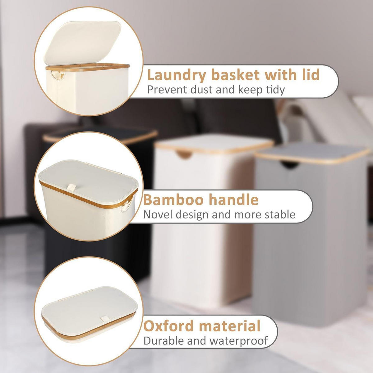 WÄSCHEKORB mit Deckel und Innentasche Beige 60L - Beige, Textil (23/66.5/41cm)