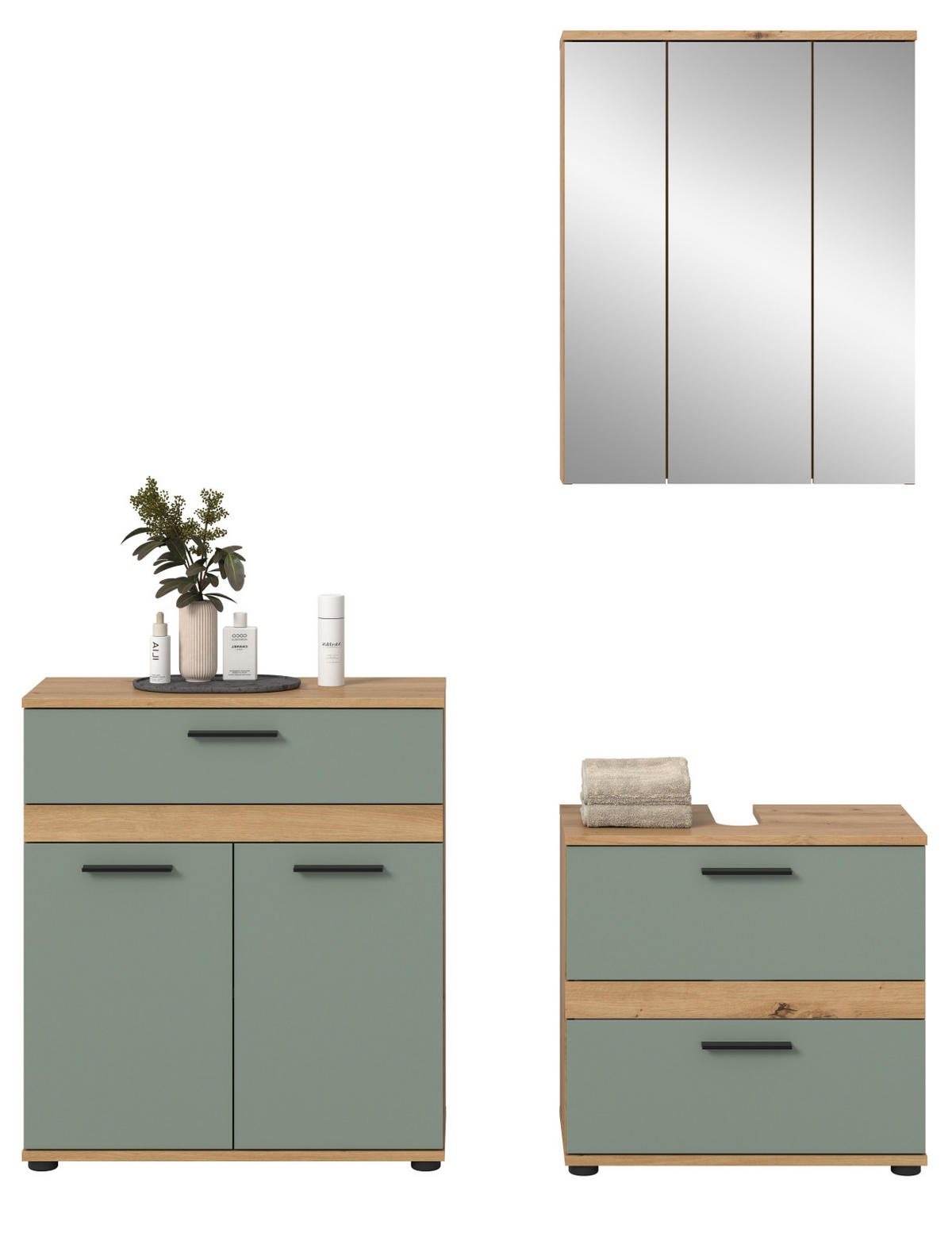 BADMÖBEL-SET 3-teilig Salbei grün, Artisan Eiche 147 x 191 cm, moderne Badkombination - Salbeigrün/Schwarz, Glas/Holzwerkstoff (145/191/34cm) - Inn.Furn