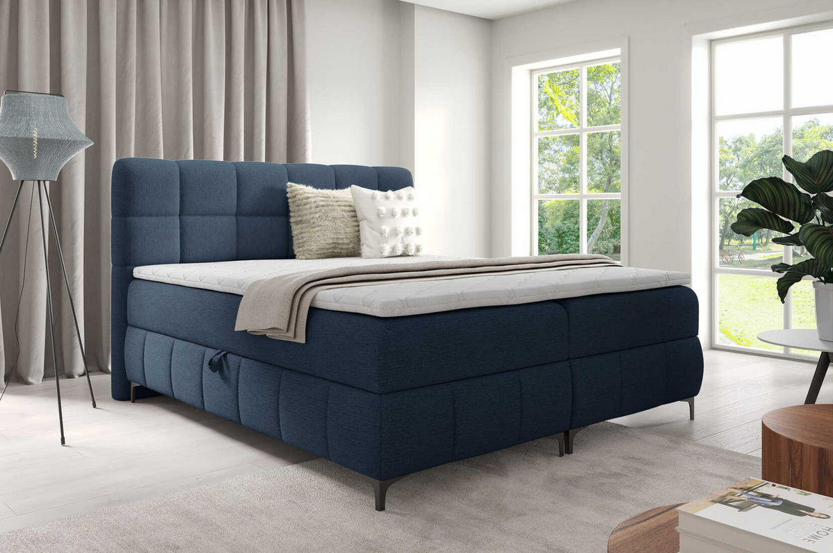 BOXSPRINGBETT 140x200 Altessa mit Bettkasten, Matratze, Topper, Marineblau - Dunkelblau, Holz/Textil (140/200cm) - Emporius