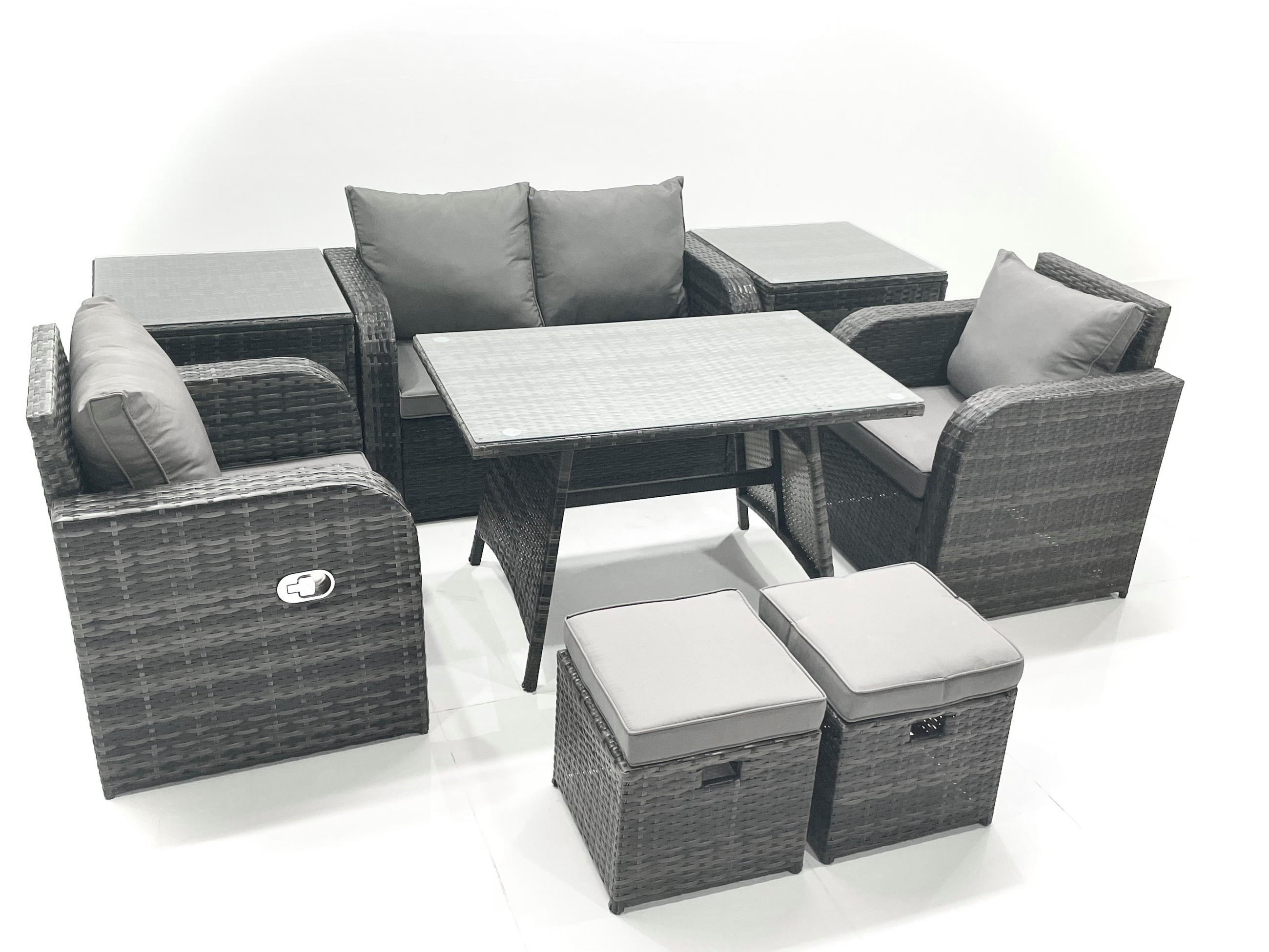 GARTENMÖBEL SET mit COUCHTISCH Polyrattan Dunkelgrau 6-Sitzer - Dunkelgrau/Grau, Glas/Kunststoff - Fimous