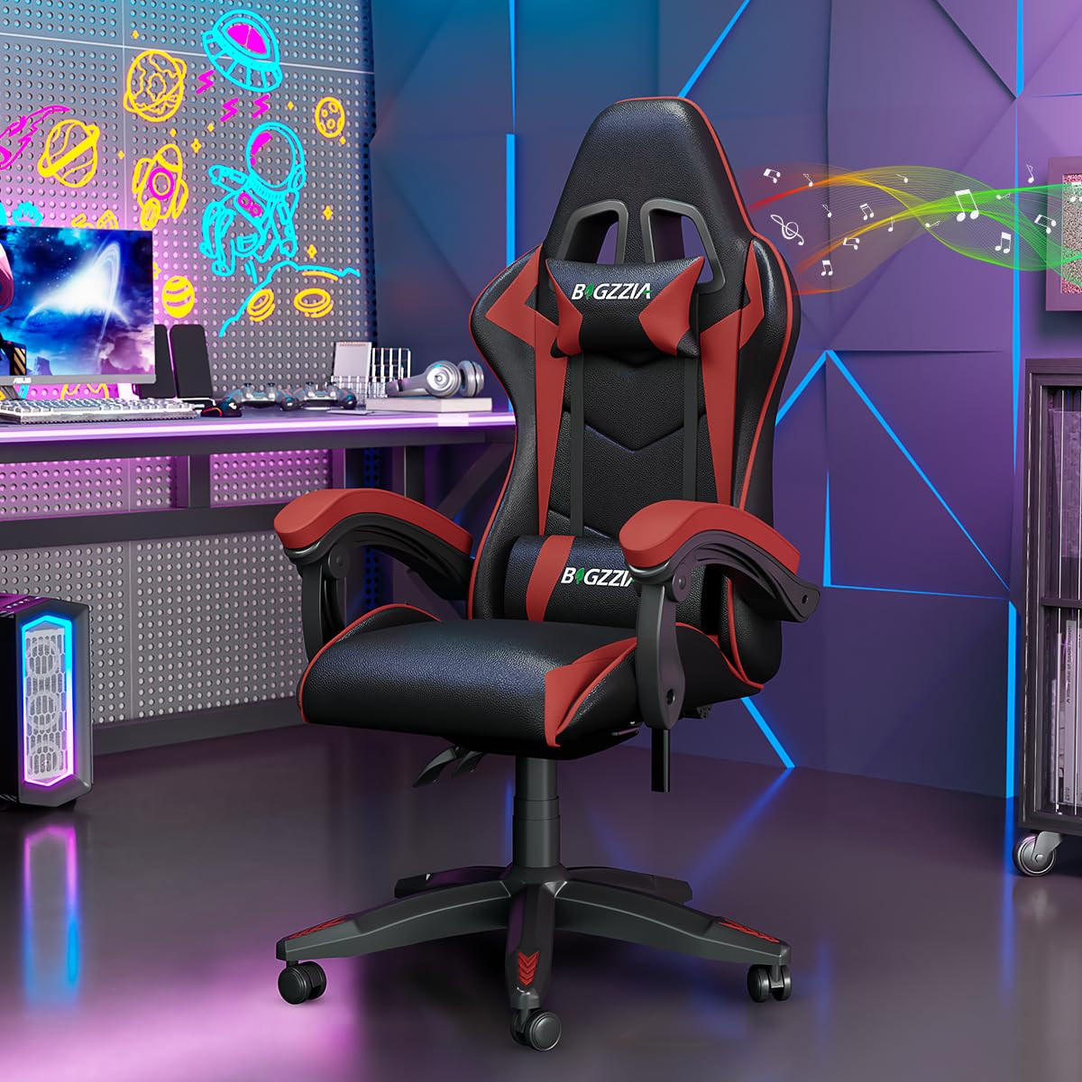 GAMINGSTUHL Schwarz-Rot mit Bluetooth Lautsprechern ergonomisch höhenverstellbar - Rot, Metall (66/124/58cm) - Rattrix