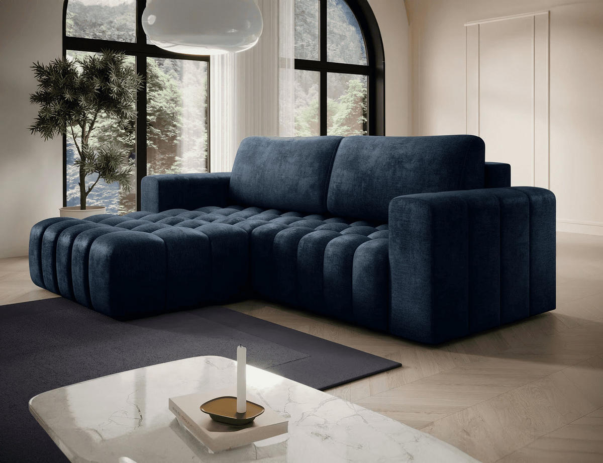ECKSOFA mit Schlaffunktion und Bettkasten, Velours-Stoff - Schwarz/Dunkelblau, Textil (250/175cm) - Eltap