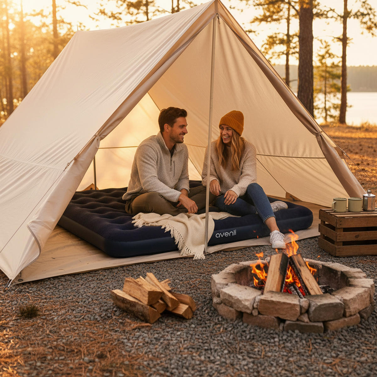 LUFTBETT Luftmatratze Camping 2 Personen 203x183x22cm blau aufblasbar ohne Pumpe - Blau, Kunststoff (183/203cm) - Avenli