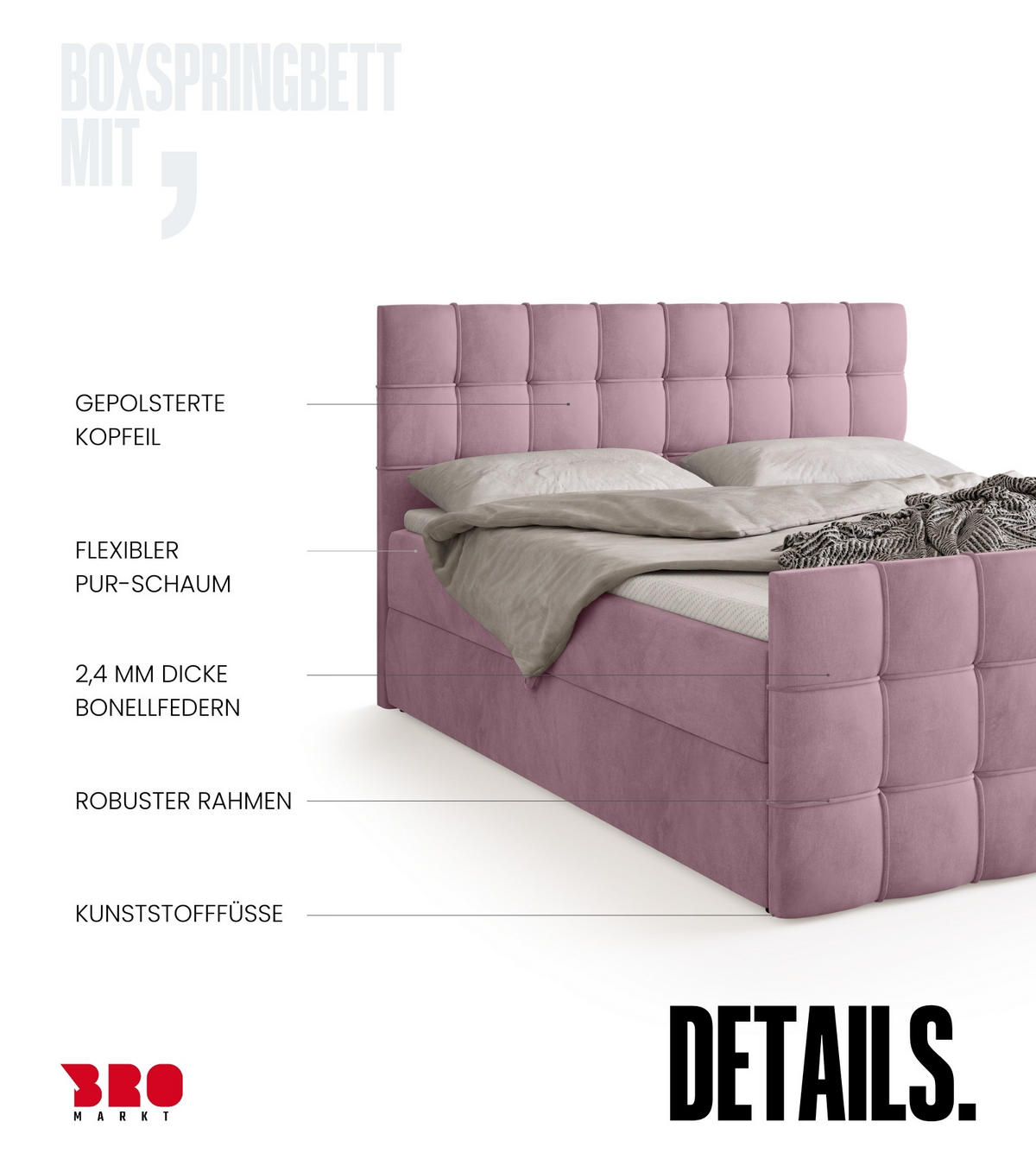 BOXBETT Detroit Duo mit Topper 160/200 Puderrosa - Rosa, Textil (160/200cm) - Bromarkt