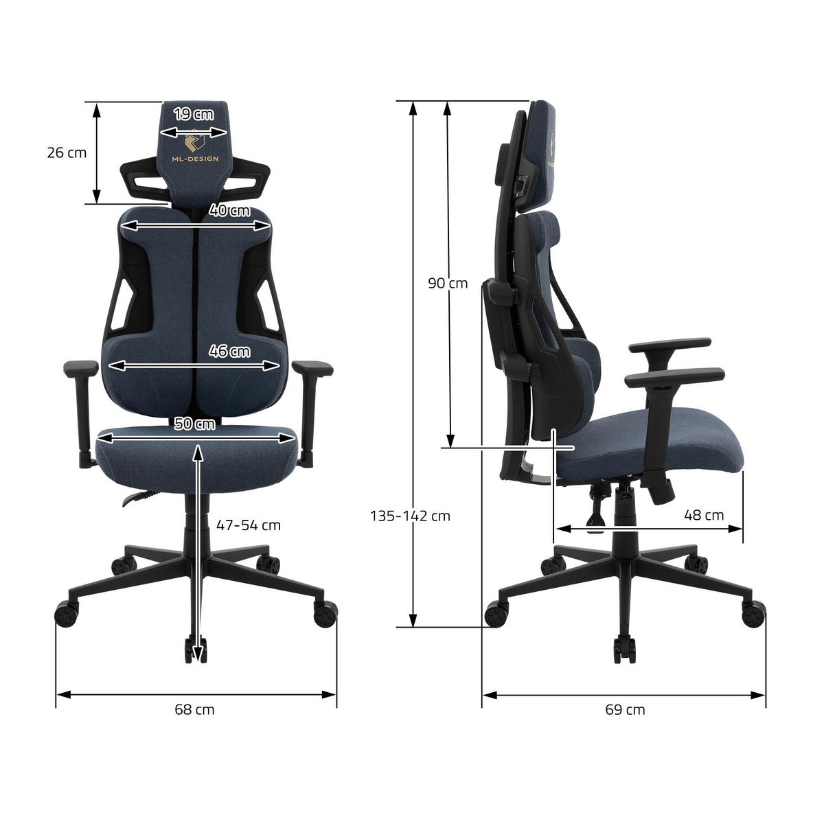 HERNÍ židle s látkovým potahem v modré barvě, individuálně nastavitelná - modrá/černá, kov/textil (69/142/68cm) - ML-DESIGN